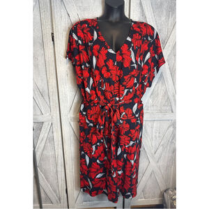Women's Lane Bryant Red & Black Floral V-Neck Dress Plus Size 28